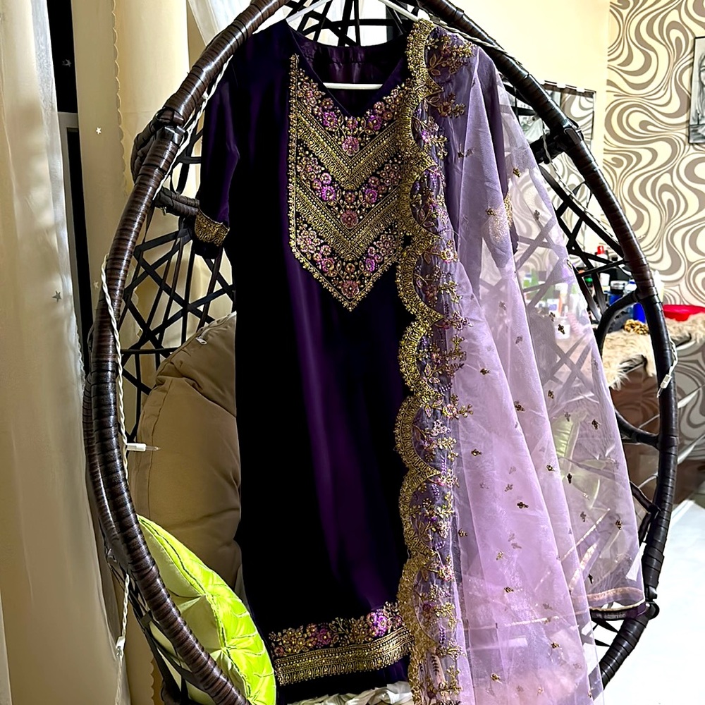 Embroidered Purple Women’s Dress with Lilac Dupatta